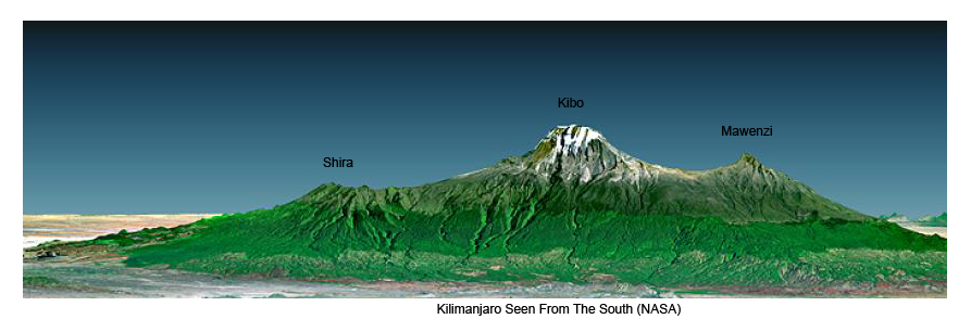 Kilimanjaro is comprised of three stratovolcanos - Shira, Mawenzi and Kibo