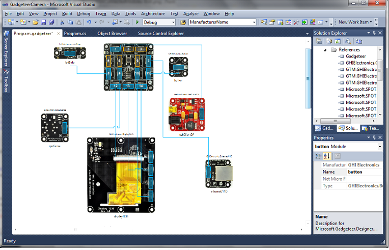 Example of the Gadgeteer design canvas within Visual Studio